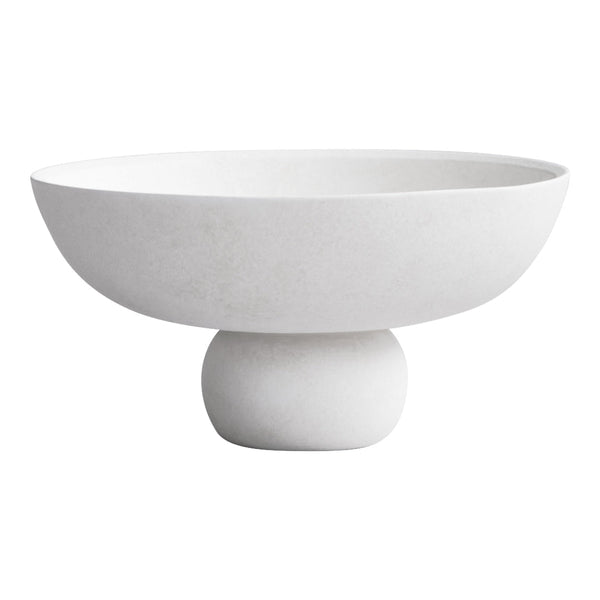 Elegant white bowl with a smooth, matte finish and rounded pedestal base, perfect for modern decor.