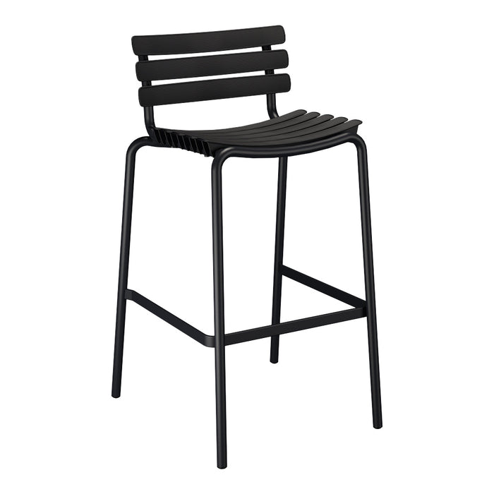 Black metal bar stool with a sleek slatted back and curved seat, perfect for modern dining spaces.