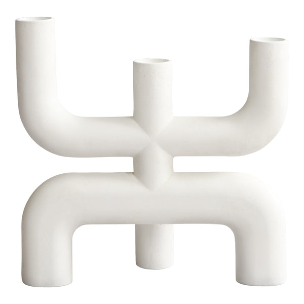 Modern white ceramic vase with unique geometric design featuring multiple tubular shapes. Perfect for contemporary decor.
