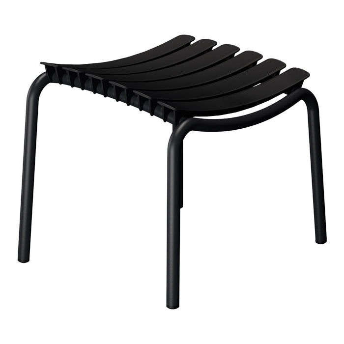 Black slatted stool with a sleek, modern design and sturdy metal frame. Ideal for contemporary decor.
