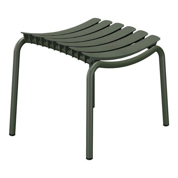 Sleek, green slatted stool with a minimalist design and sturdy metal legs. Perfect for modern outdoor or indoor spaces.