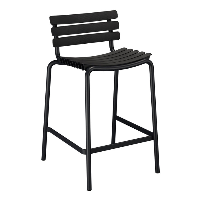 Black metal bar stool with a slatted backrest and curved seat design, perfect for modern interiors.