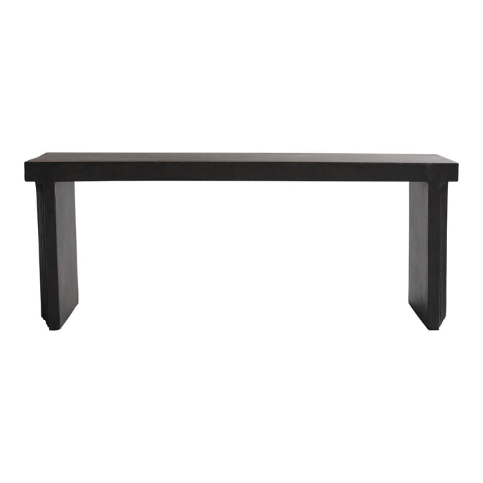 Sleek black console table with a minimalist design, featuring clean lines and a solid rectangular shape.