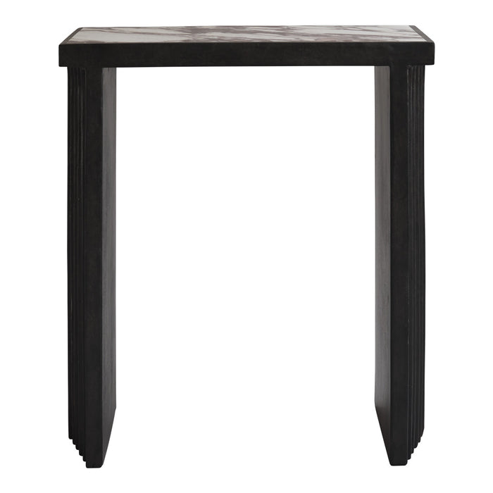 Black wooden console table with a sleek, minimalist design and subtle grain pattern on the top.