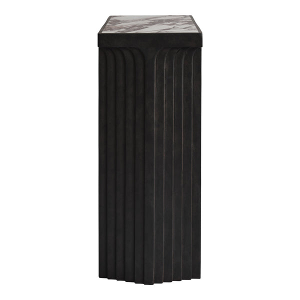 Black textured pedestal with vertical ridges and a smooth top surface, ideal for showcasing decor items.