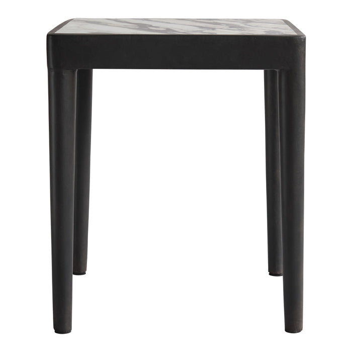 Black wooden side table with a sleek, minimalist design and a subtle marble-patterned top. Perfect for modern decor.