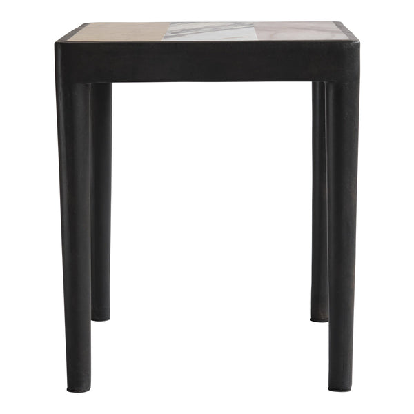 Black square side table with a geometric pattern in cream, tan, and light gray on the top surface.