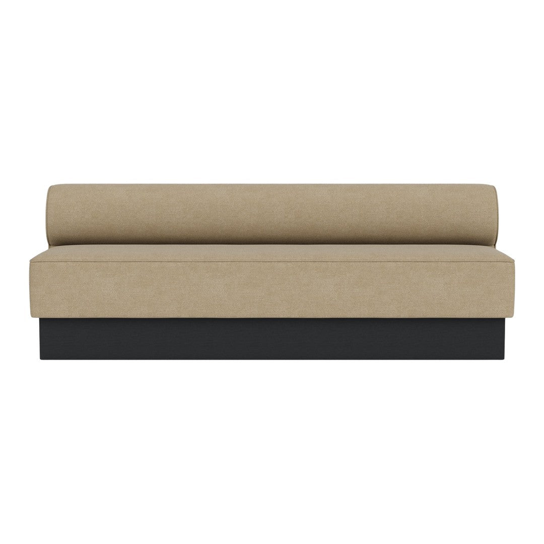 Beige upholstered sofa with a sleek black base, featuring a minimalist design and solid color pattern.