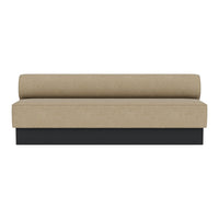 Beige upholstered sofa with a sleek black base, featuring a minimalist design and solid color pattern.