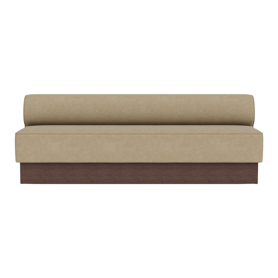 Beige upholstered sofa with a sleek brown base, featuring a minimalist design and no visible patterns.