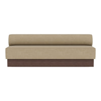 Beige upholstered sofa with a sleek brown base, featuring a minimalist design and no visible patterns.