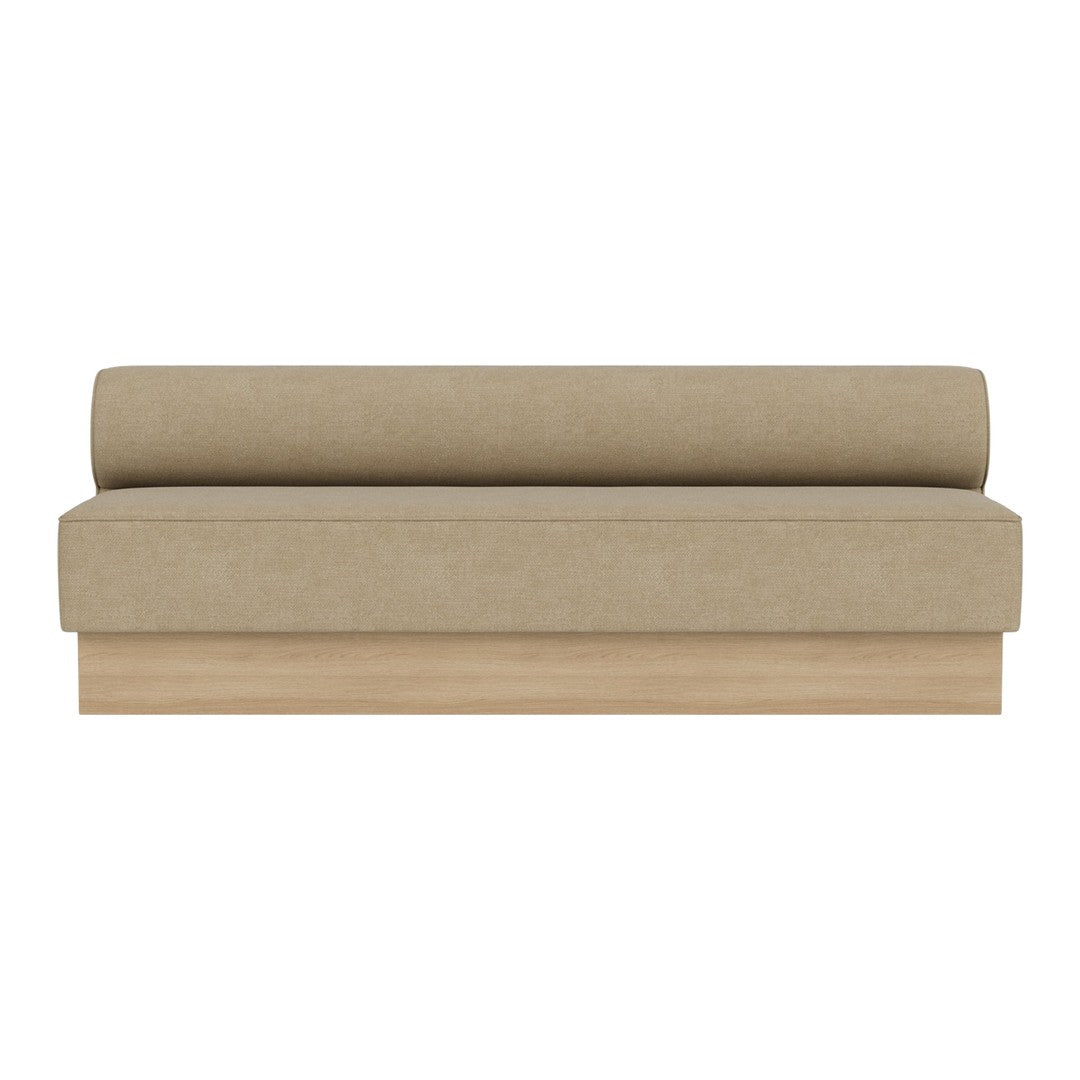 Beige upholstered sofa with a smooth, minimalist design and wooden base, perfect for modern interiors.