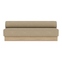 Beige upholstered sofa with a smooth, minimalist design and wooden base, perfect for modern interiors.