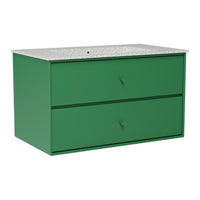 Green wooden dresser with two drawers and a speckled gray countertop. Modern and minimalist design.