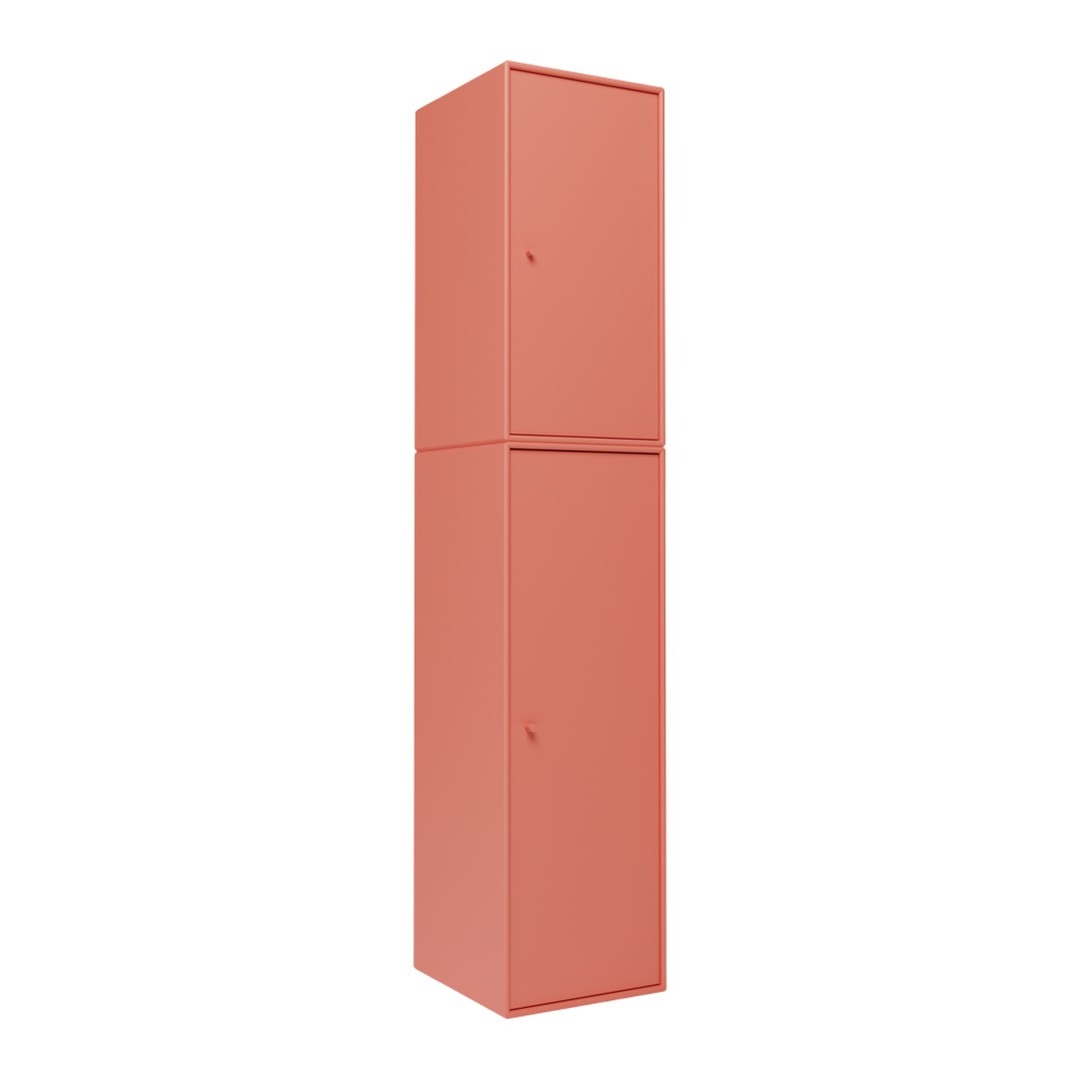 Tall, modern cabinet in a soft coral color with a sleek, minimalist design and no visible patterns.