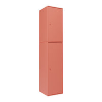 Tall, modern cabinet in a soft coral color with a sleek, minimalist design and no visible patterns.