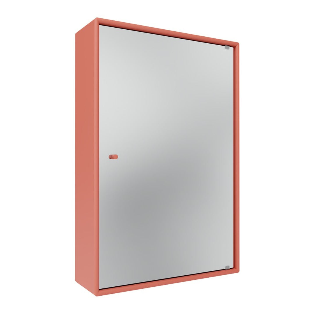 Coral-colored cabinet with a sleek mirrored front and clean lines, perfect for modern decor.
