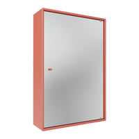 Coral-colored cabinet with a sleek mirrored front and clean lines, perfect for modern decor.