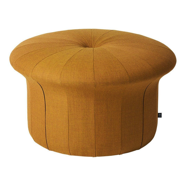 Round mustard yellow ottoman with tufted top and vertical seam detailing. Perfect for modern decor.