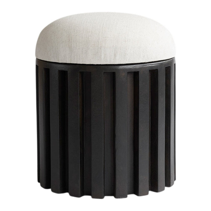 Black striped stool with a white textured fabric top for modern decor accents. Ideal for any stylish living space.