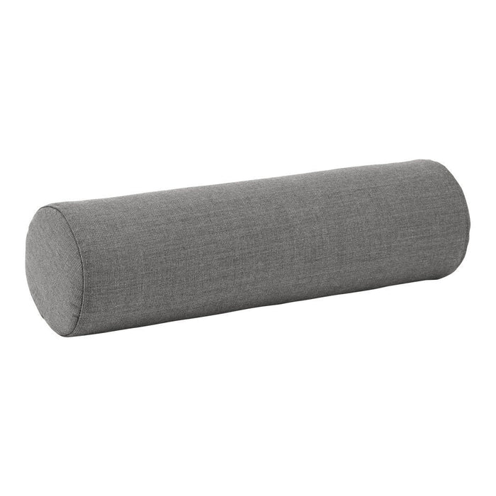 Gray cylindrical bolster pillow with a textured fabric pattern, perfect for home decor and support.