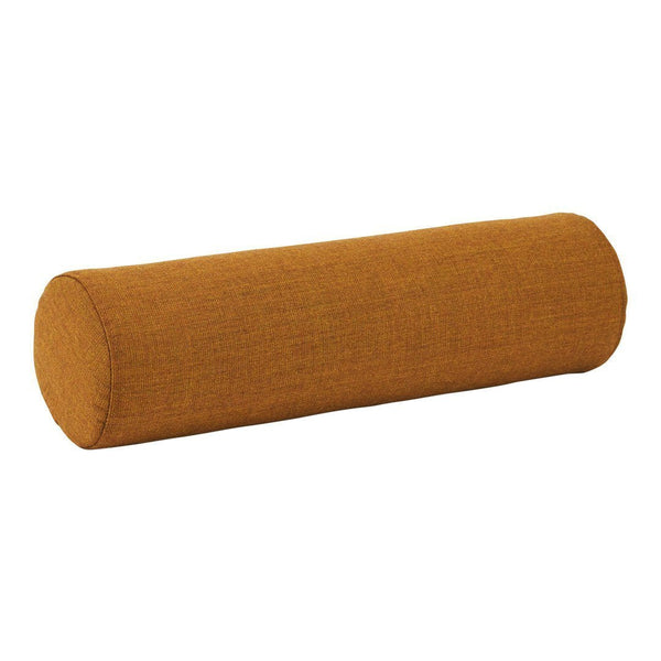 Round bolster pillow in warm mustard yellow color with a textured fabric pattern. Perfect for home decor.