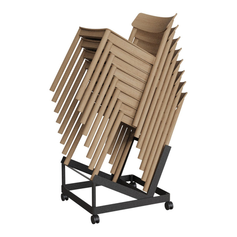 Stacked beige chairs on a black wheeled cart, showcasing modern design with clean lines and neutral tones.