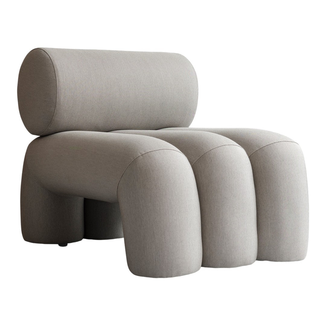 Modern gray accent chair with smooth, rounded shapes and a textured fabric finish, perfect for contemporary decor.