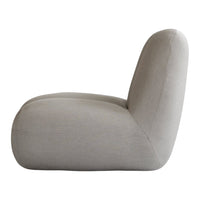 Gray fabric chair with a smooth, minimalist design, featuring soft curves and a seamless finish.