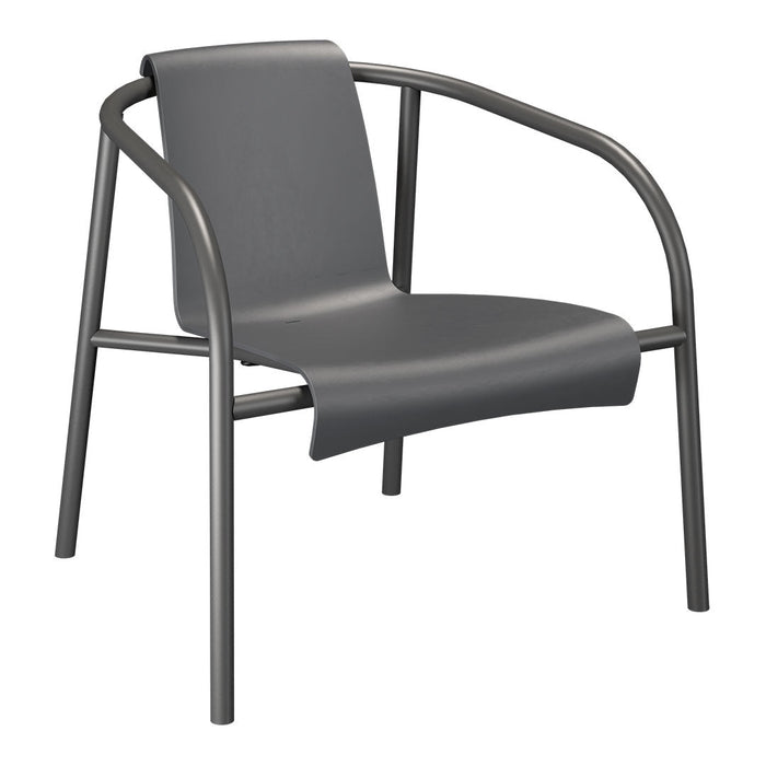 Stylish gray chair with a sleek, minimalist design and smooth, curved metal frame. Perfect for modern decor.