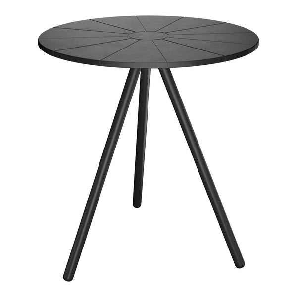 Round black table with a textured circular top and three angled legs, featuring a minimalist design.