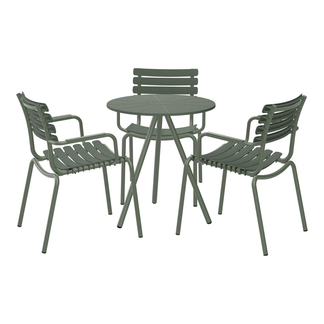 Green metal outdoor dining set with slatted design, featuring a round table and four matching chairs. Perfect for patio use.