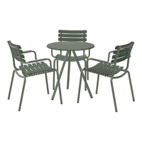 Green metal outdoor dining set with slatted design, featuring a round table and four matching chairs. Perfect for patio use.
