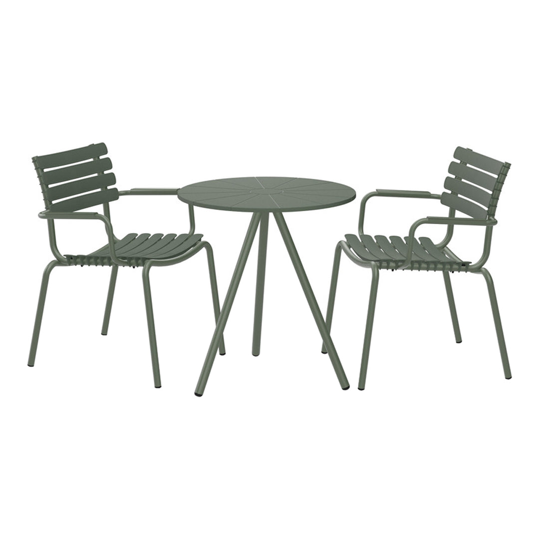Green patio table set with slatted design, featuring a round table and two matching chairs. Ideal for outdoor spaces.