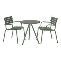 Green patio table set with slatted design, featuring a round table and two matching chairs. Ideal for outdoor spaces.