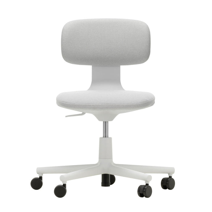 Modern white office chair with a smooth, minimalist design and soft gray upholstery. Suitable for any workspace.