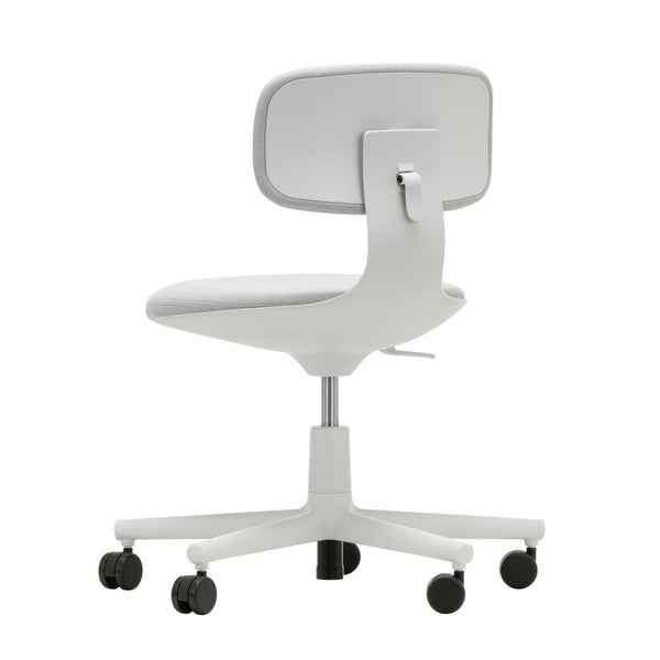 White ergonomic office chair with a smooth, minimalist design and sleek wheels for easy mobility.