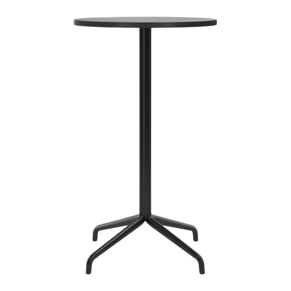 Sleek black round bar table with a minimalist design and sturdy metal base. Perfect for modern decor.