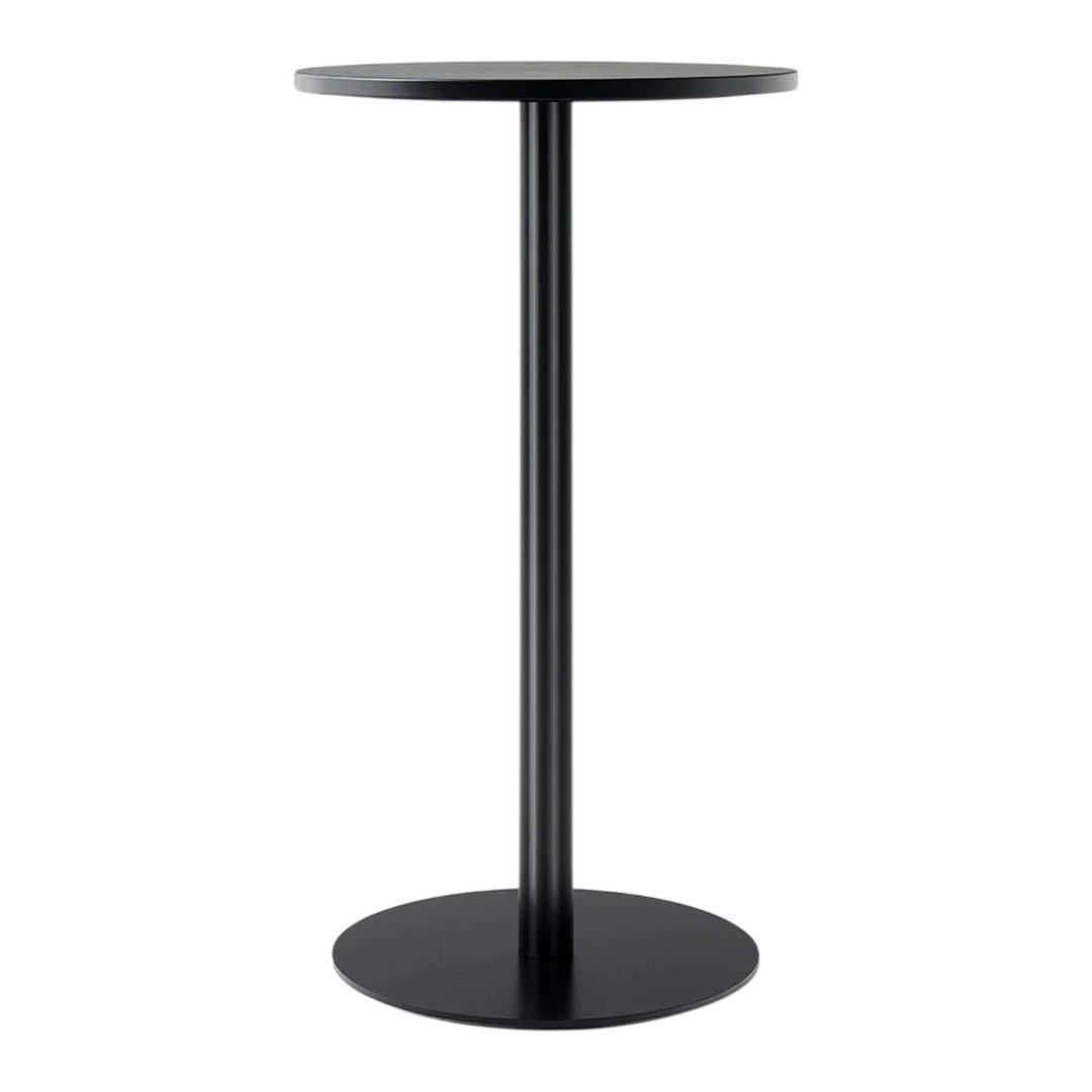 Sleek black bar table with a round top, minimalist design and smooth finish, perfect for modern decor.
