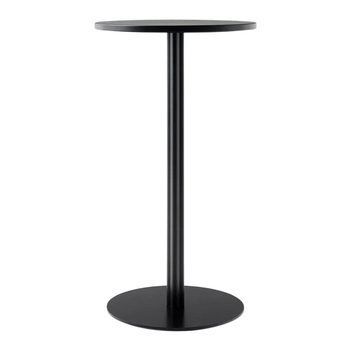 Sleek black bar table with a round top, minimalist design and smooth finish, perfect for modern decor.