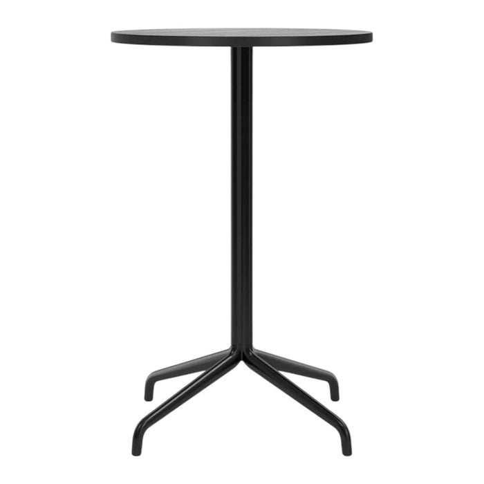 Stylish black round table with a sleek metal base, perfect for modern decor. Ideal for small spaces or outdoor use.