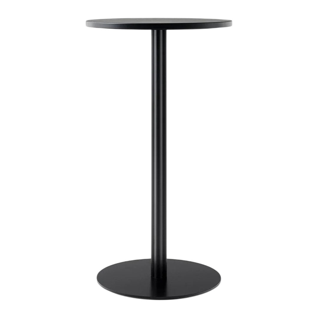 Black modern bar table with a sleek, minimalist design and round top. Ideal for contemporary spaces.