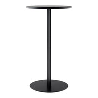 Black modern bar table with a sleek, minimalist design and round top. Ideal for contemporary spaces.