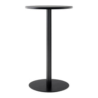 Sleek black round table with a minimalist design, featuring a smooth top and sturdy circular base. Perfect for modern decor.