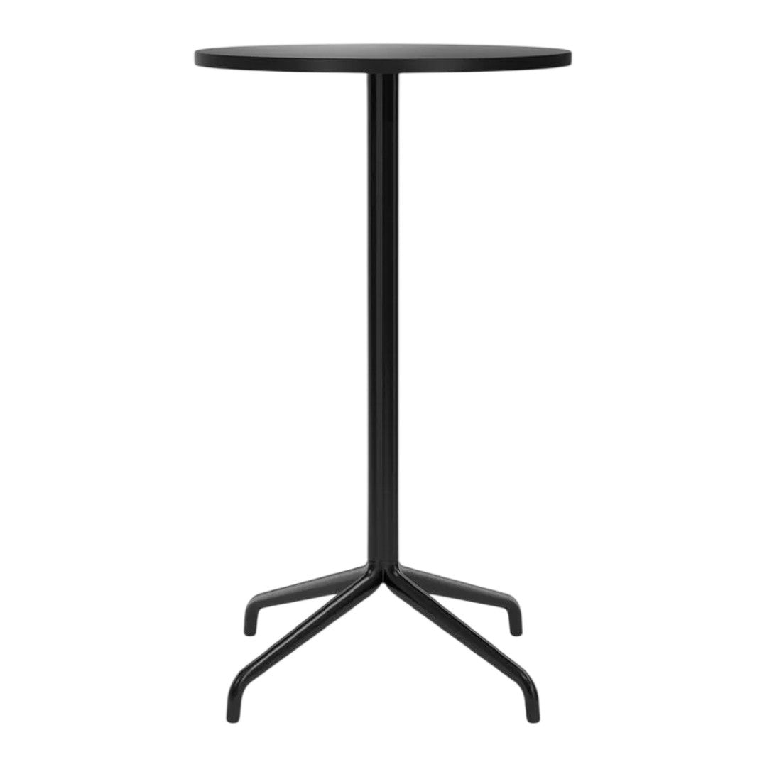 Black minimalist round bar table with a sleek, smooth finish and sturdy four-legged base. Perfect for modern spaces.