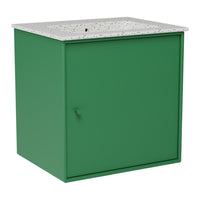 Green storage cabinet with a speckled, light gray countertop and a sleek, modern design. Perfect for stylish organization.