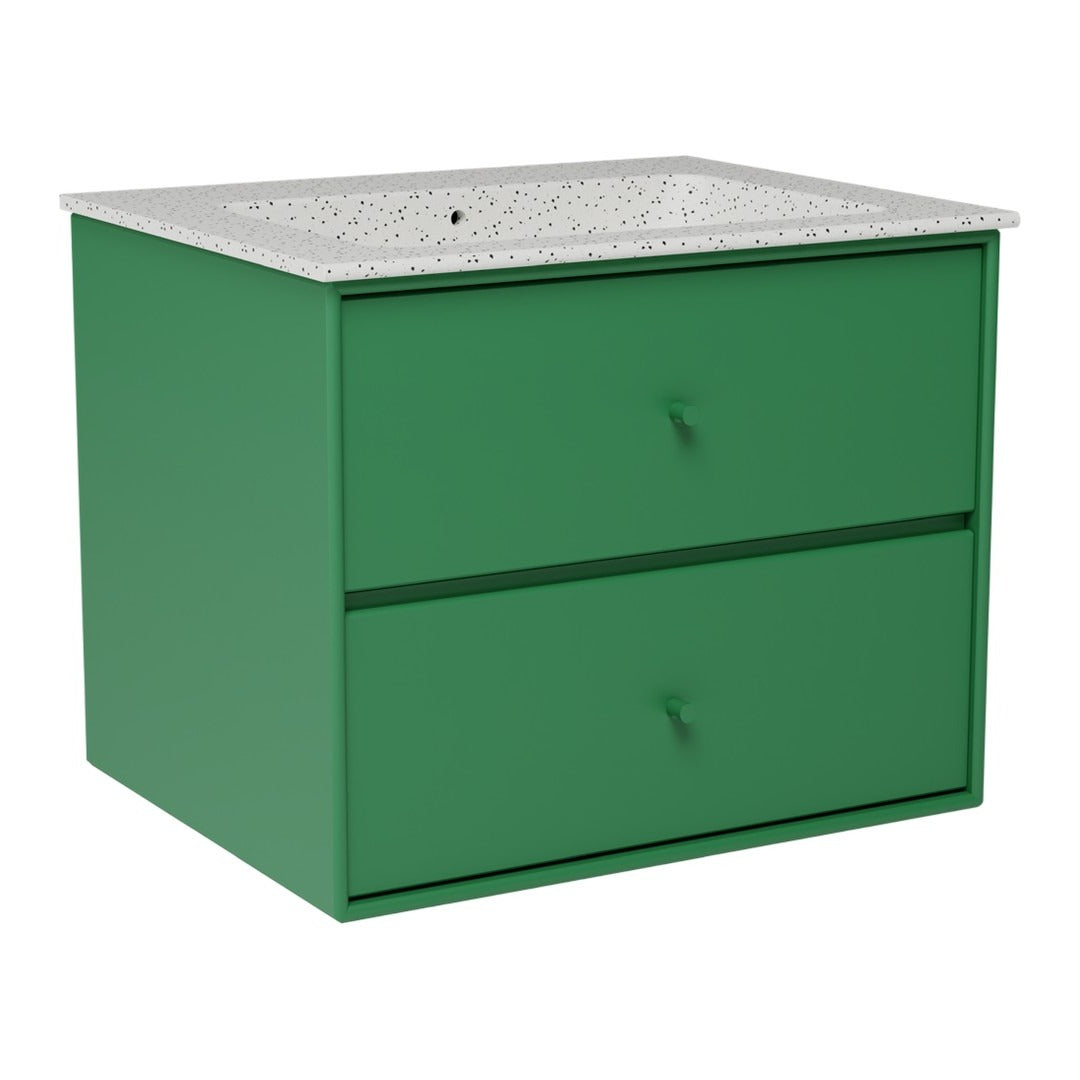 Green storage cabinet with two drawers and a speckled white countertop, perfect for modern decor.