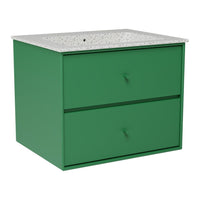 Green storage cabinet with two drawers and a speckled white countertop, perfect for modern decor.
