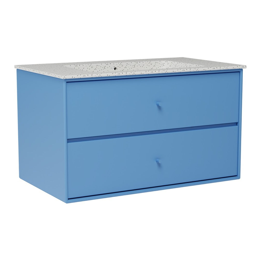 Blue storage dresser with a textured white top and sleek blue drawers. Perfect blend of color and modern design.