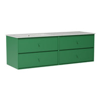 Green storage cabinet with a sleek design, featuring four spacious drawers and a smooth, neutral top.